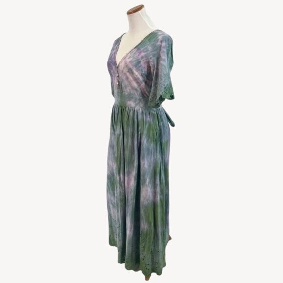 RARE Zara Tie Dye Crochet Eyelet Trim Tie Waist Peasant Croquette Maxi Dress - Picture 6 of 10